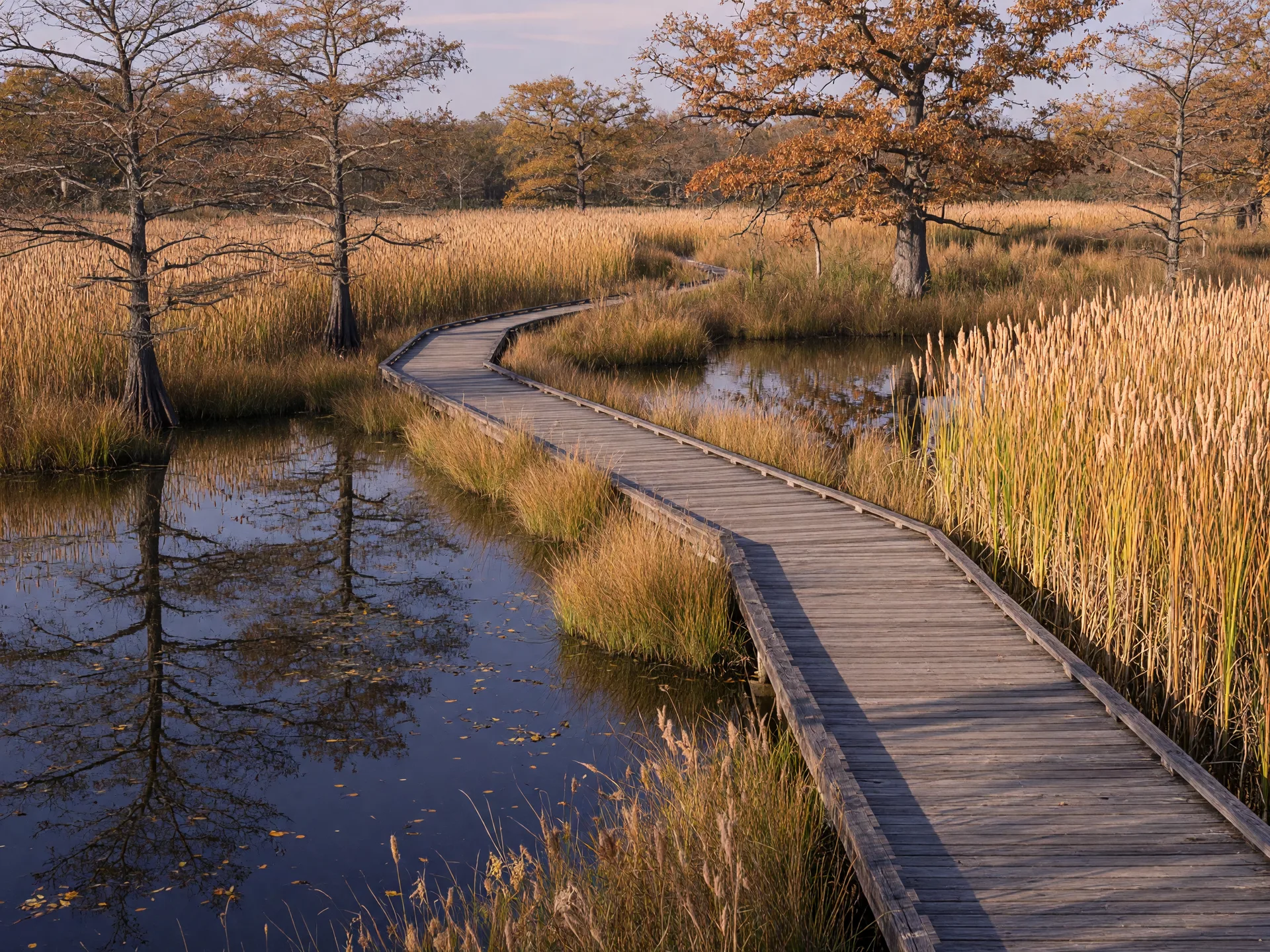 Wooden boardwalk crossing the reclaimed marsh at the Cibolo Nature Center