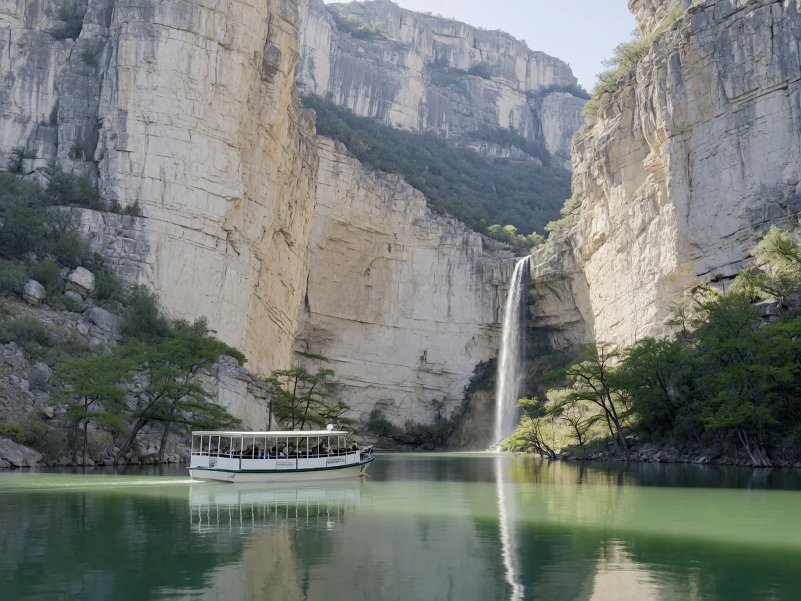 A covered excursion cruise boat gliding along the calm green water of the Colorado River canyon arm of Lake Buchanan, flanked by towering pale limestone canyon walls, cypress shoreline, and a small waterfall on the cliff face
