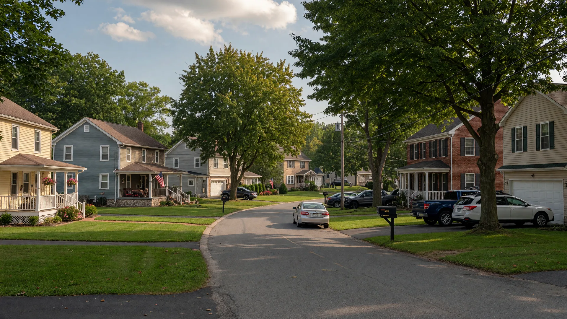 Residential street in Harleysville, Pennsylvania with colonial and craftsman homes and mature trees