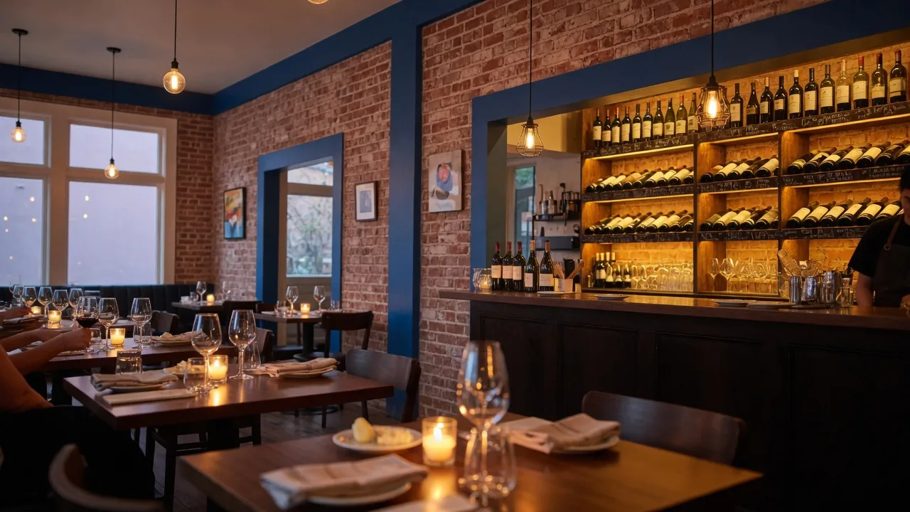 A candlelit modern bistro dining room in Pasadena with exposed brick, blue accents, and a glowing vintage wine rack