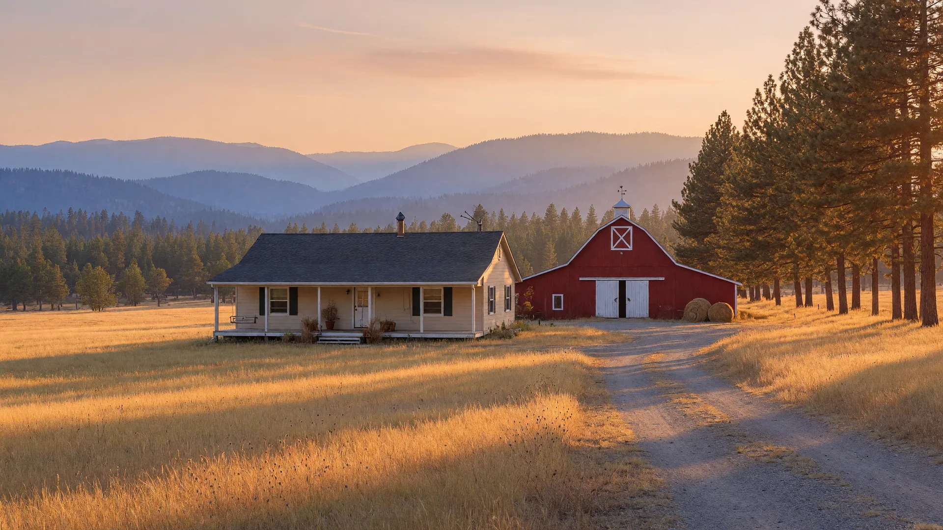 A ranch-style foothill acreage home at golden hour under layered hills