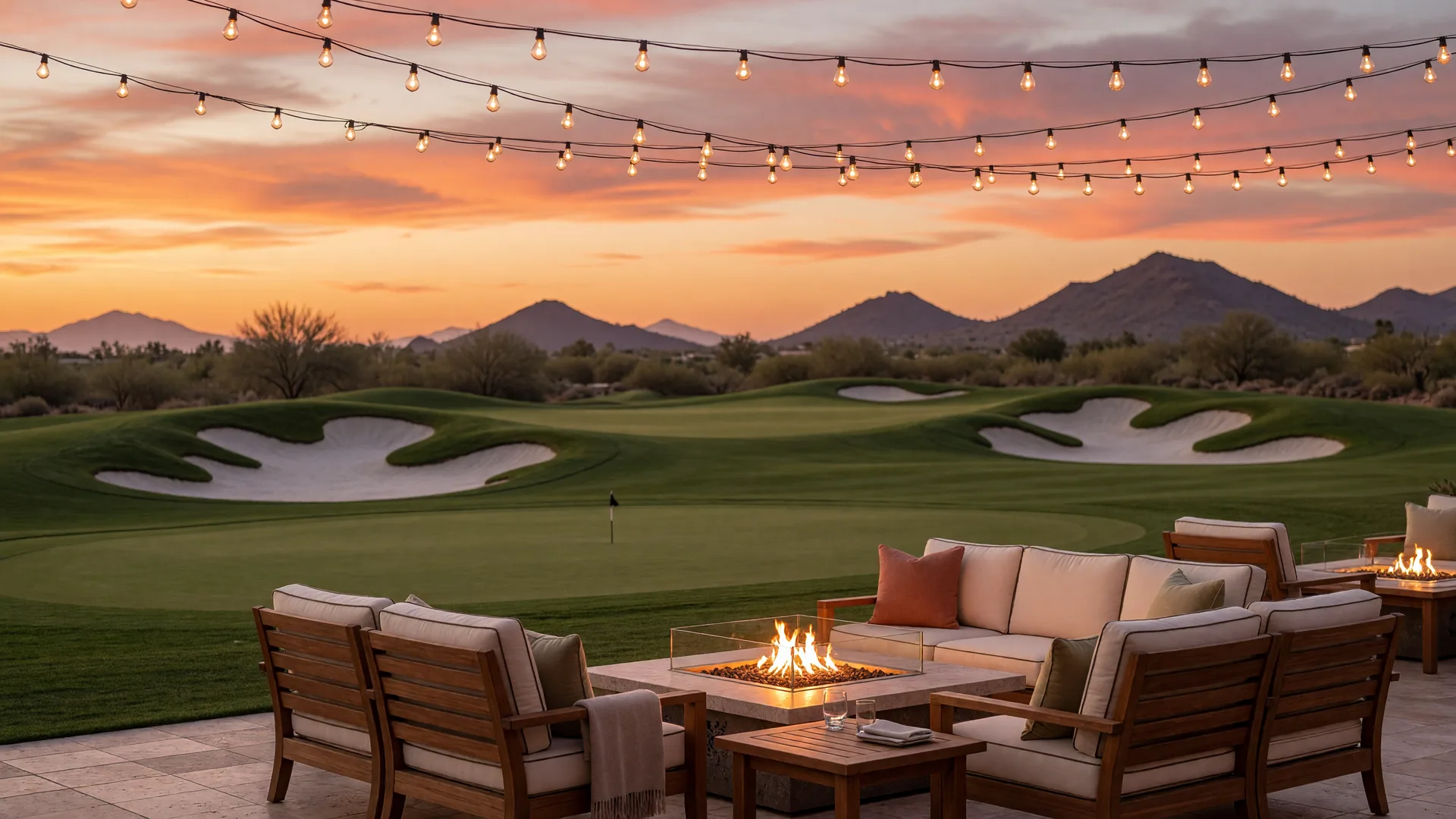 A private club patio at sunset in a Scottsdale luxury golf community