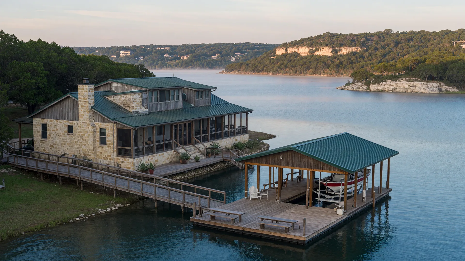 A limestone and cedar lake house on Canyon Lake near Startzville, TX with a wooden deck, boat dock, and covered boathouse on calm morning water, the kind of home a home inspector in Startzville TX reviews
