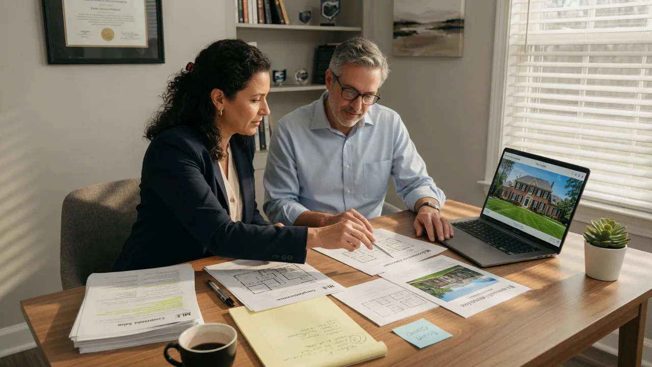 Professional real estate consultation in a Westlake home office reviewing luxury property documents and a laptop listing