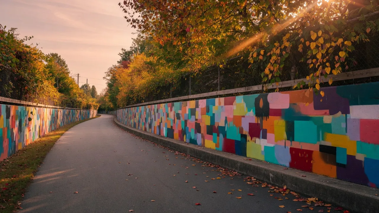 BeltLine Eastside Trail corridor in warm early-fall light with public art and autumn trees