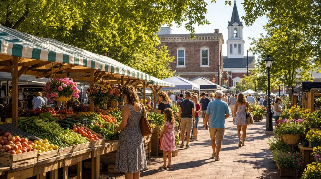 Farmers market in a charming Ohio town with colorful produce stalls and historic buildings