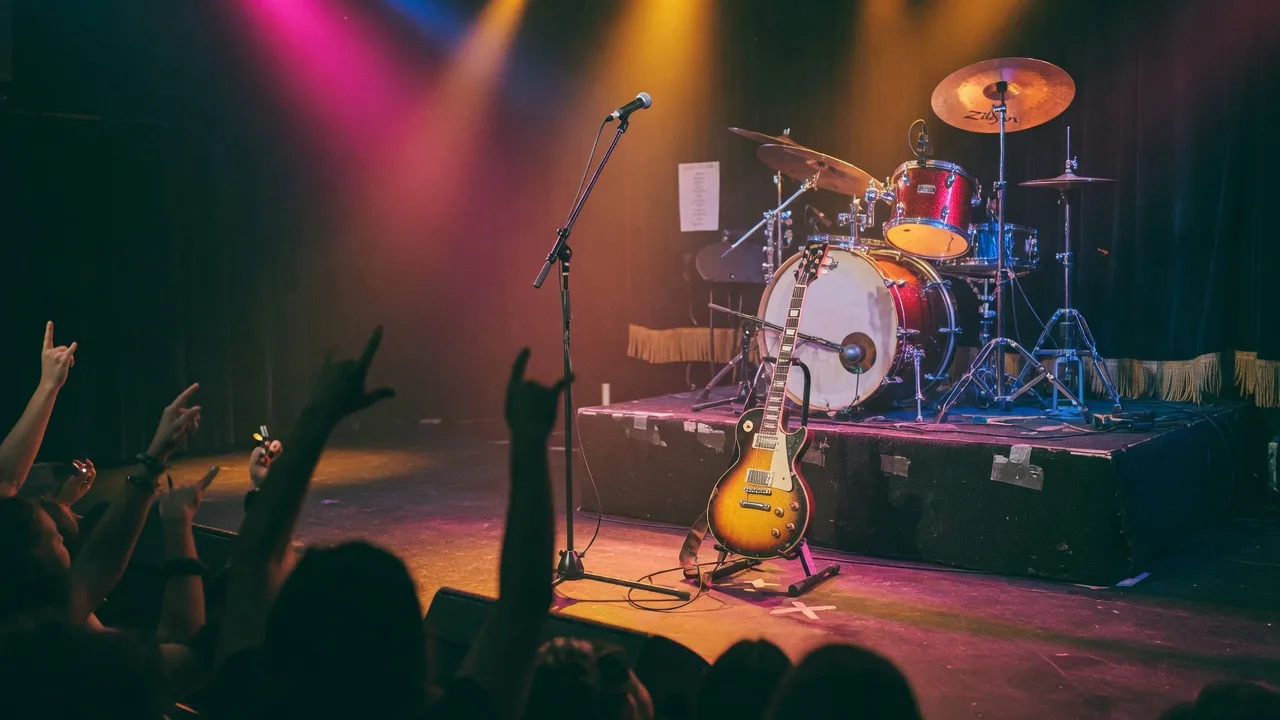 Stage lights and instruments set for the Legends of Rock '80s tribute concert at Boca Black Box, Friday, October 23, 2026