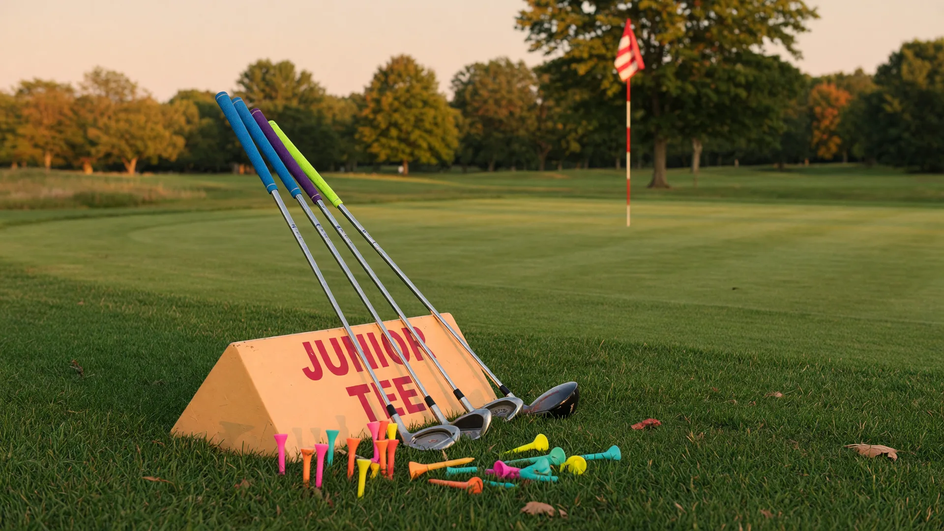 Junior-sized golf clubs and colorful tees resting on a sunlit New England fairway