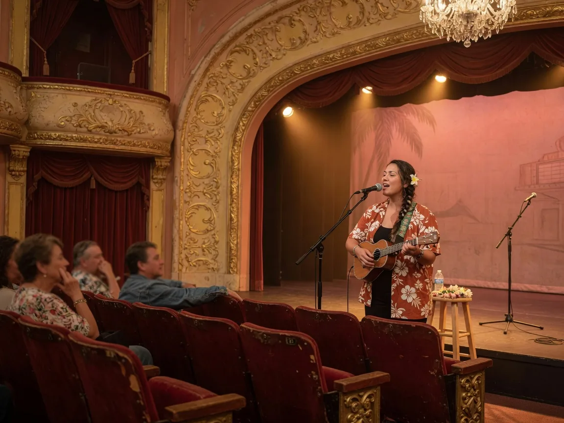 A Hawaiian singer-songwriter with a ukulele performing on a warmly lit stage inside a restored historic Central Valley theater, with red velvet seats and ornate plaster details in the foreground