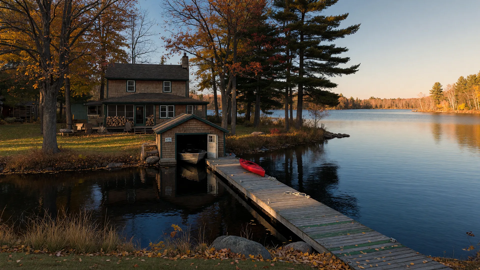 A year-round Minnesota lake home with a wooden dock and boathouse on a calm Brainerd Lakes Area shoreline in late October, with golden fall color still on the maples along the shore