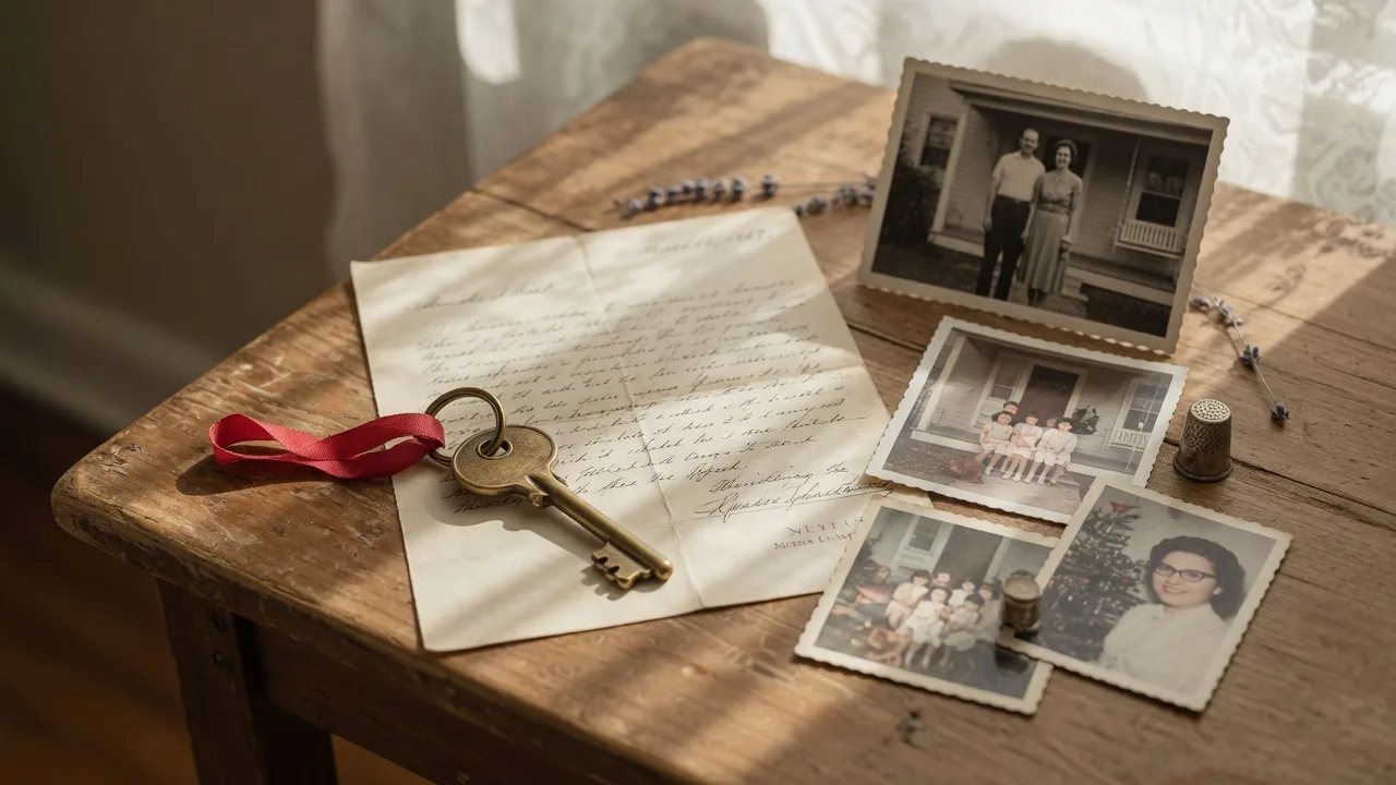 Inherited house key and will document on a wooden table with family photographs