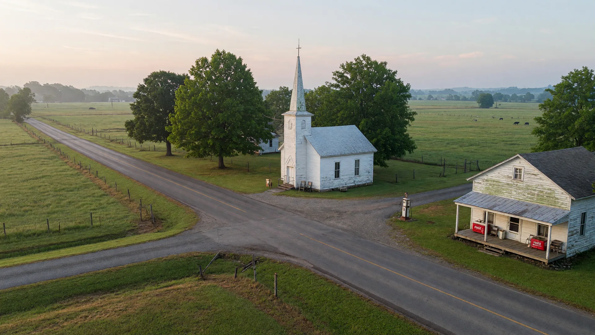 A small country church, weathered general store and crossroads lane in Oakland, Kentucky at morning