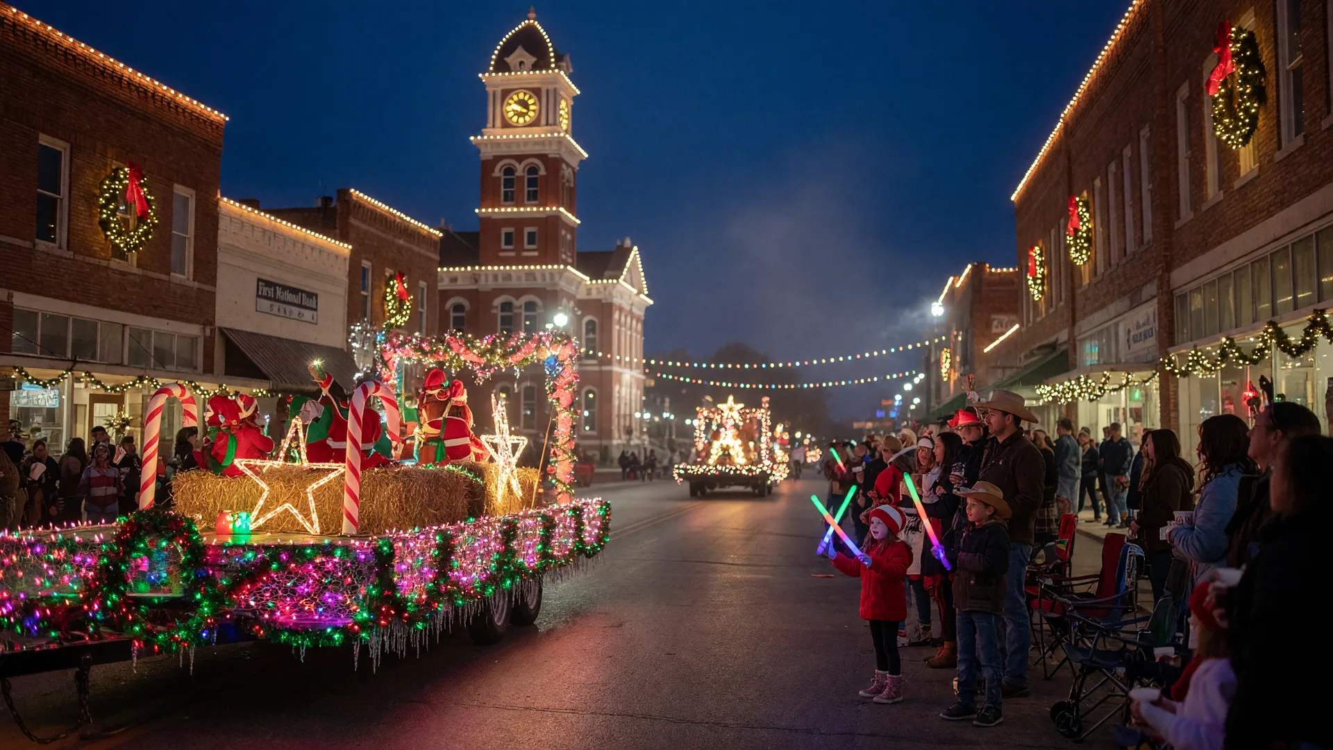 An evening Christmas parade on a small-town square with a glowing float passing brick storefronts as families line the curb