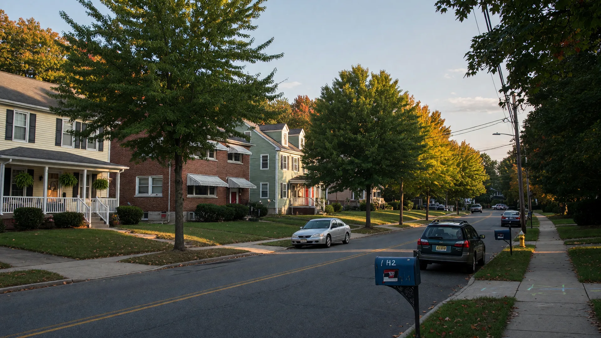 Tree-lined suburban street in South Jersey at the start of September with the first hints of fall color