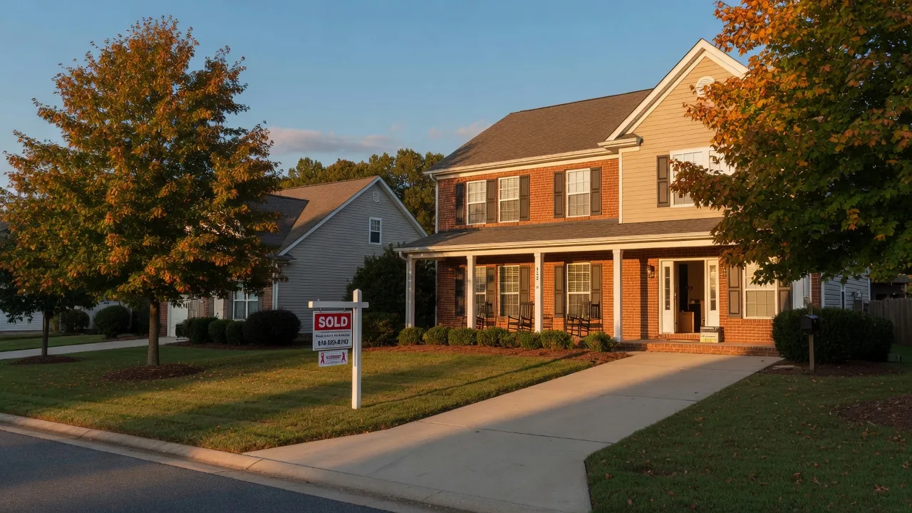 Two-story Triangle-area home at golden hour in early autumn with a SOLD sign in the yard and the front door open, the quiet confidence of a closing afternoon in a zero-commission sale