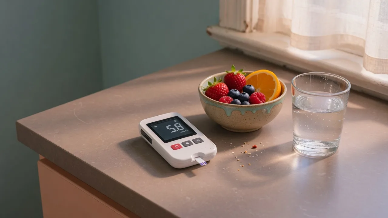 A blood glucose meter beside a small bowl of fruit and a glass of water on a kitchen counter