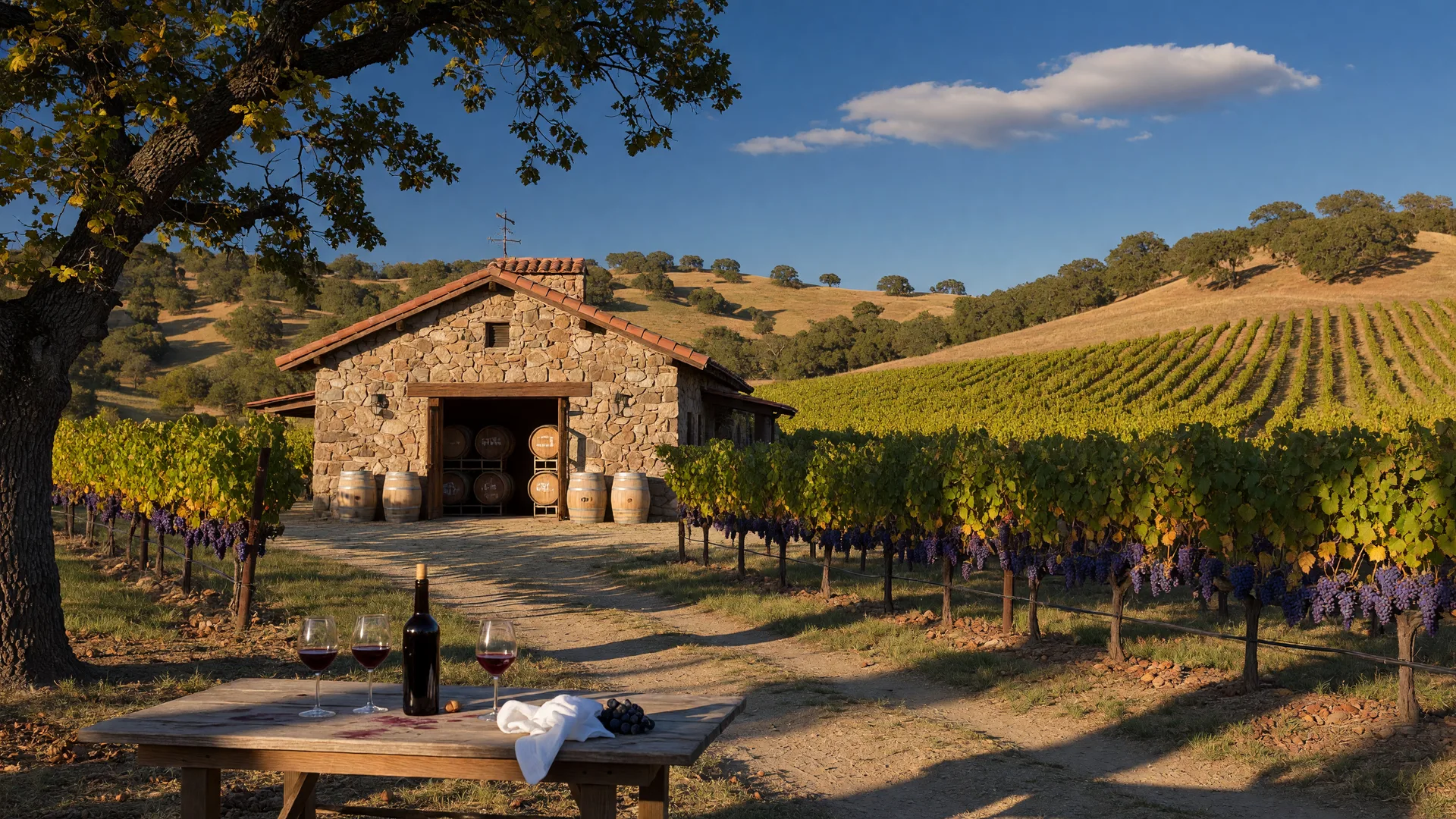 Rolling vineyard rows in the Shenandoah Valley of Amador County with a rustic winery and wine tasting table under a mature oak tree