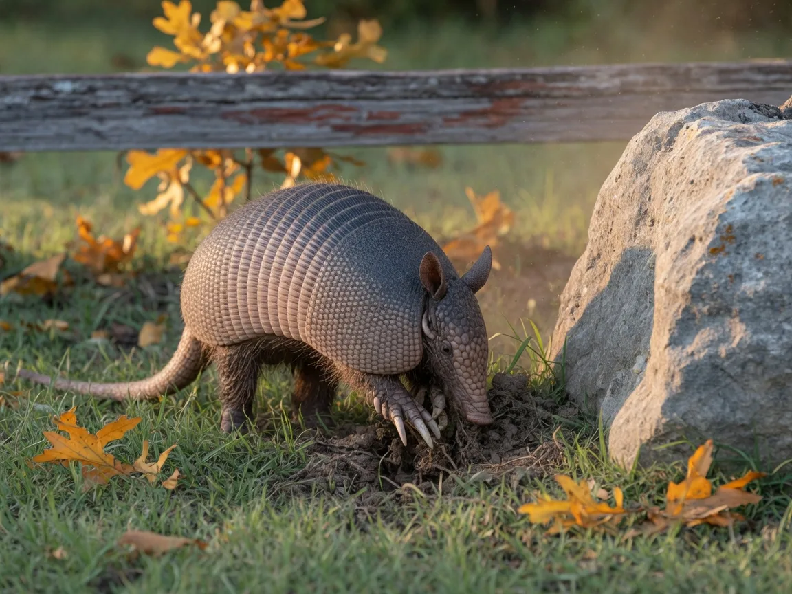 A nine-banded armadillo digging in short grass beside a limestone boulder in a Texas Hill Country yard, in warm early-morning light