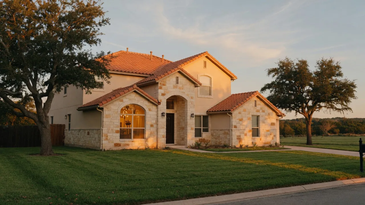 A newer Stone Oak style home with limestone and stucco walls, a tile roof, and a manicured lawn at golden hour, the kind of far north San Antonio house a Stone Oak home inspector reviews