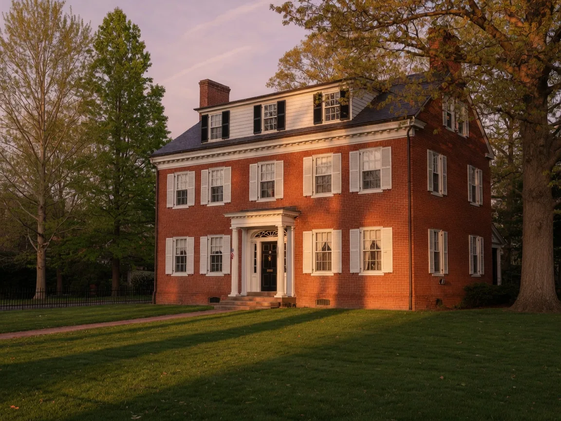 Classic brick Colonial home on a tree-lined street in Newtown