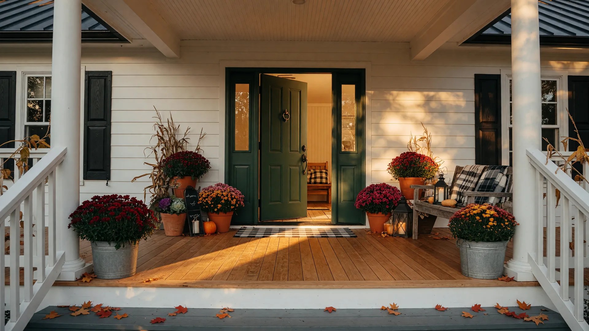 Welcoming farmhouse entryway on a crisp autumn morning