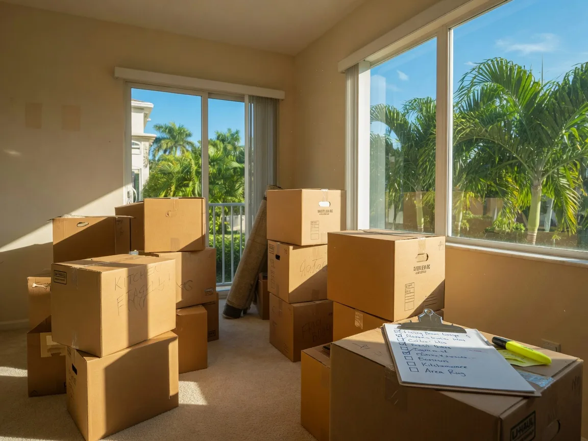 Moving boxes in a sunlit Florida room with palm trees visible through the window