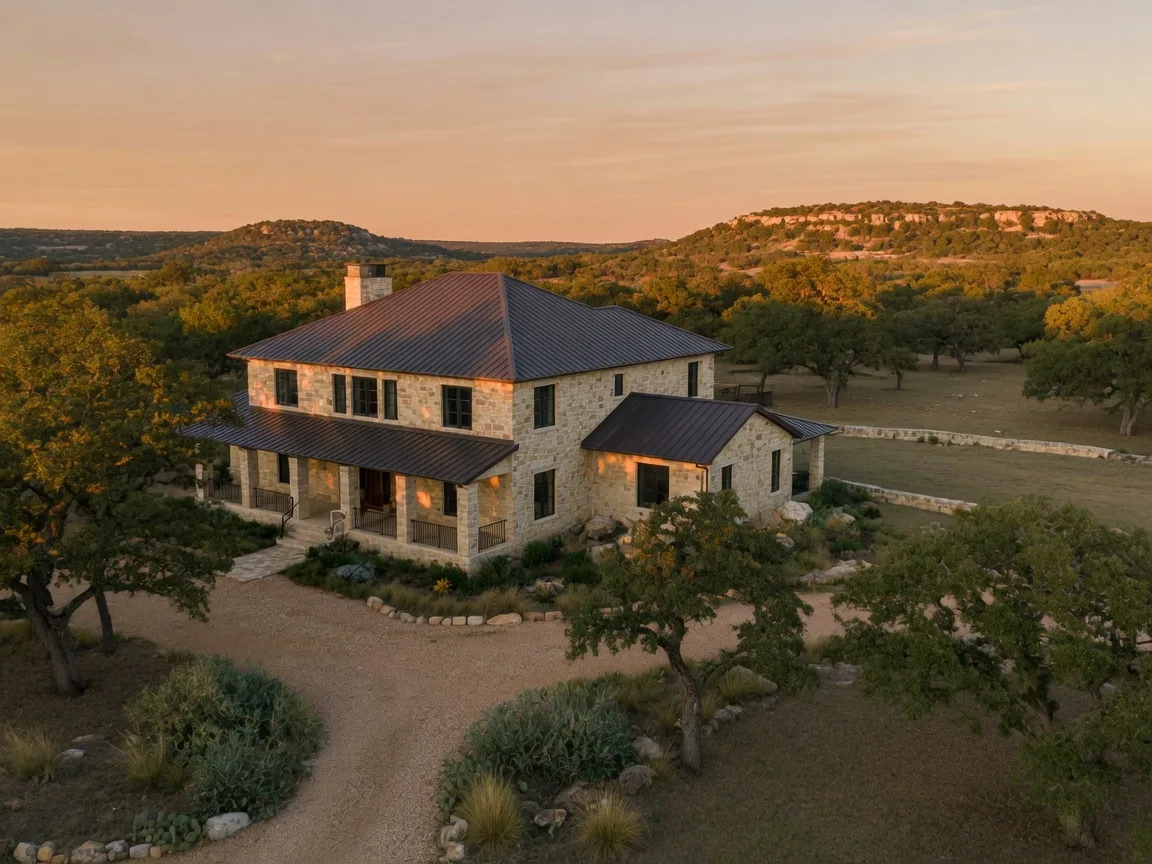 Custom limestone estate home with Hill Country views and native landscaping at golden hour. Illustrative image; not a photograph of George's Ranch.