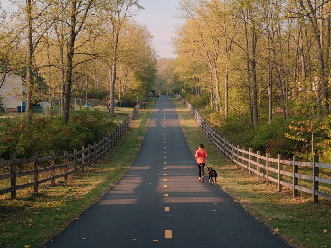 A smooth paved rail trail stretching straight through suburban northern Virginia woods in golden morning light, with a distant runner and leashed dog