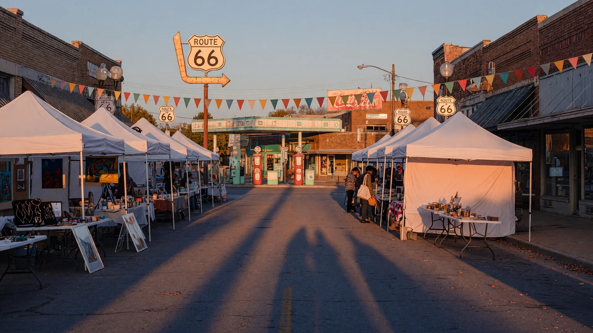 Art Crawl on 66 in Tulsa's Historic Red Fork District with artist vendor tents, Route 66 signage, and an open-air art market on a golden autumn evening