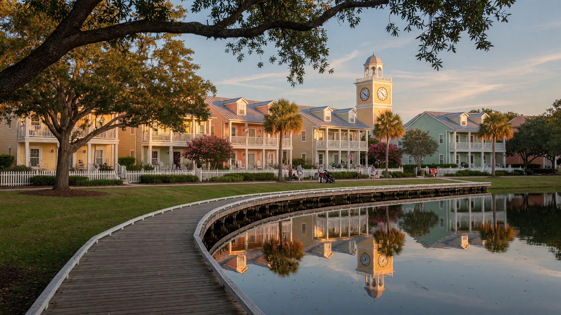 Lakeside downtown of Celebration, Florida with a boardwalk, tree-lined streets, and a classic clock tower