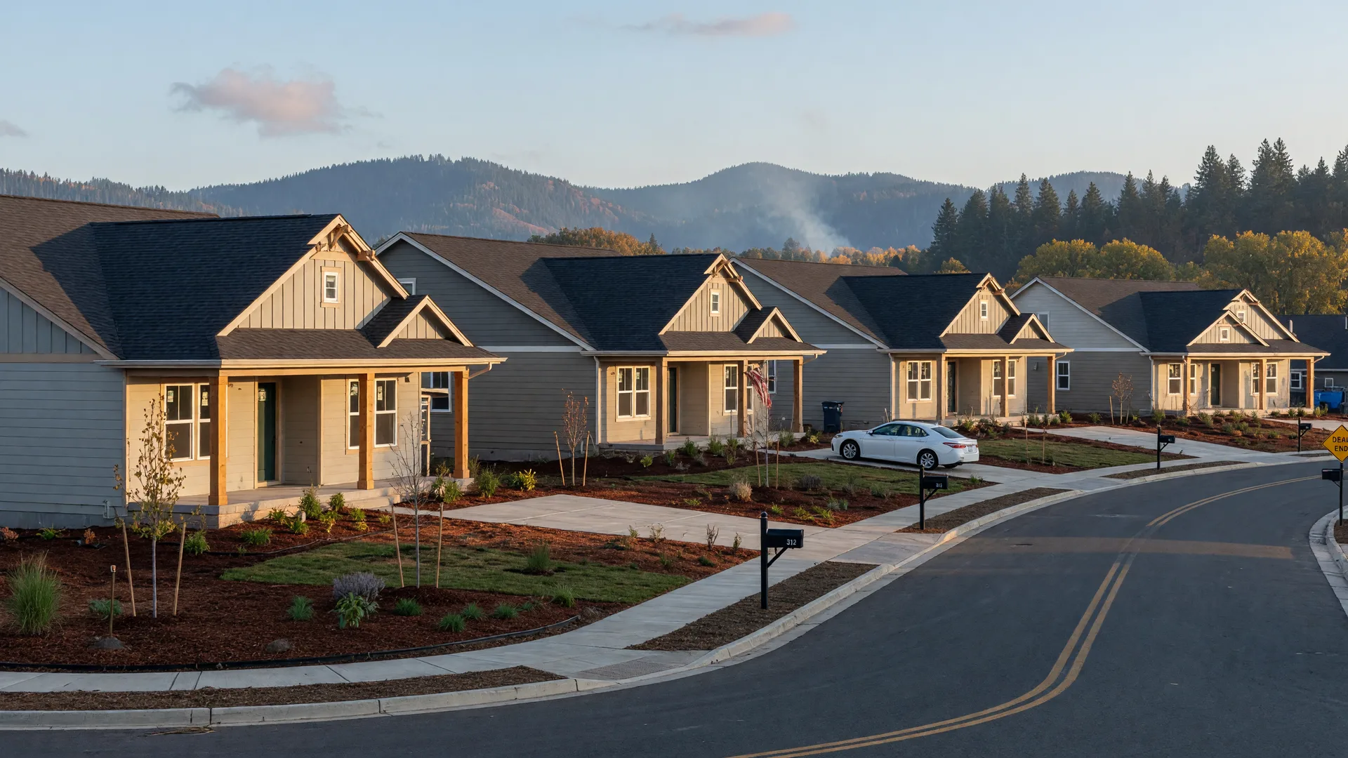 New compact single-story homes in a small southern Oregon subdivision on a clear autumn morning