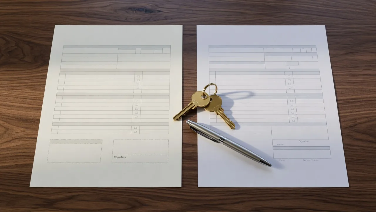 Real estate purchase contract and mortgage application side by side on a desk with a house key