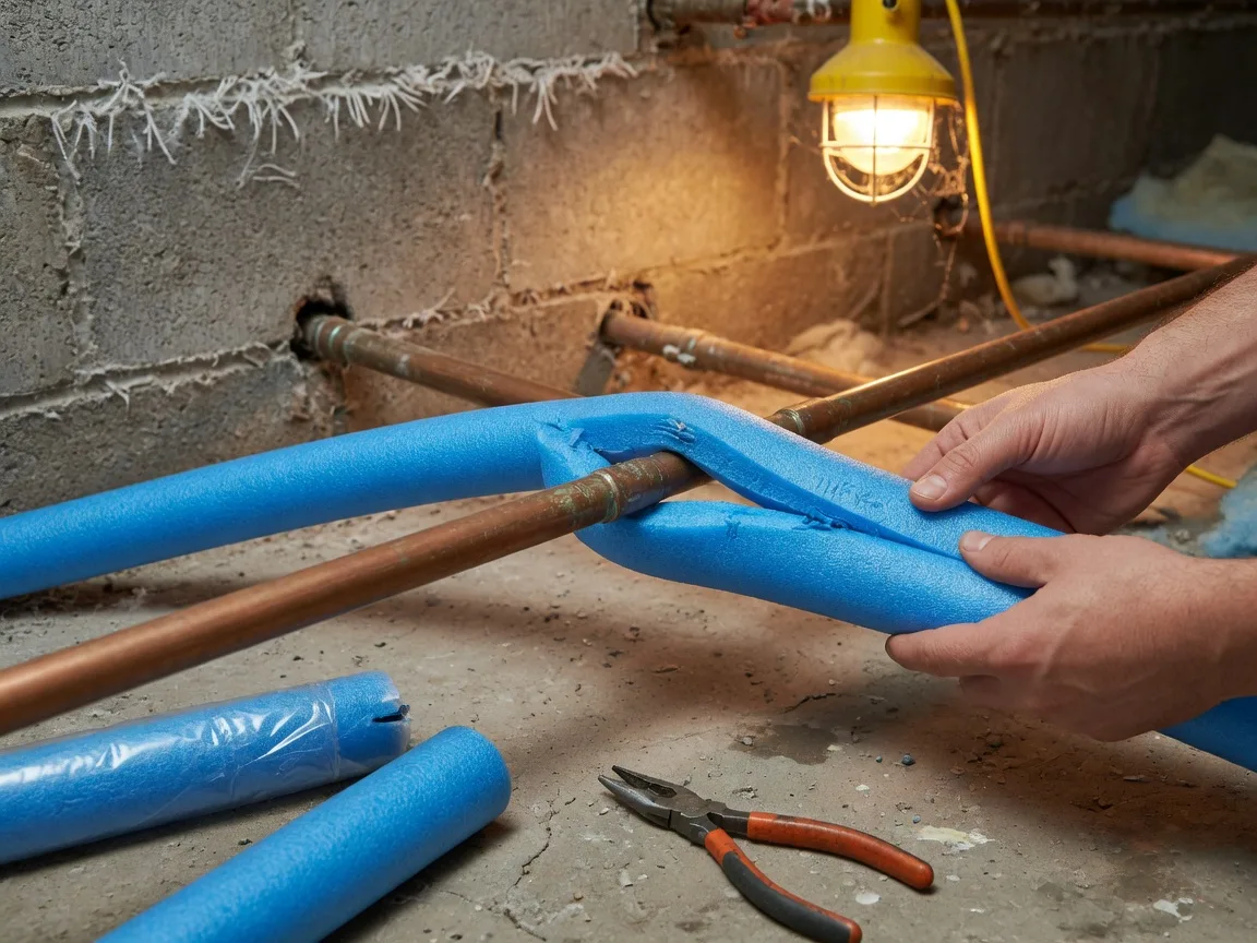 Wrapping exposed copper water pipes with foam pipe insulation in an unfinished basement before winter