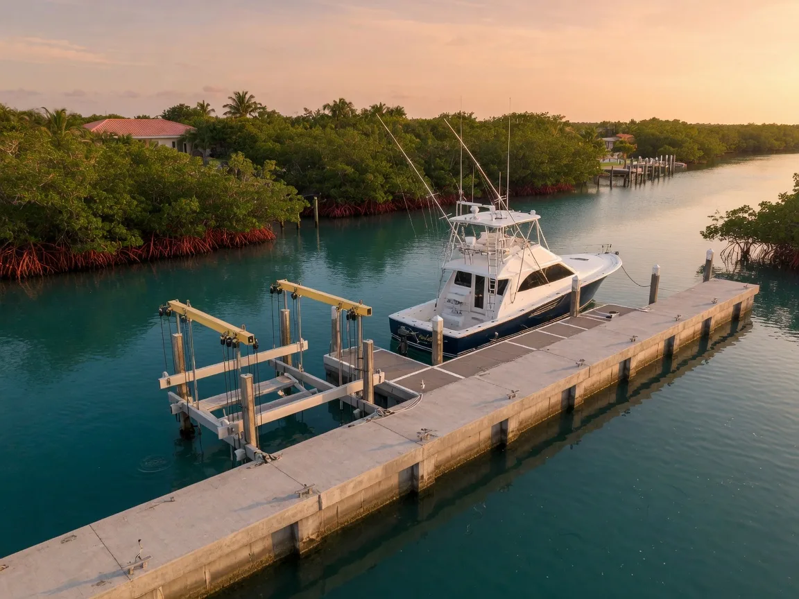 A private concrete seawall and boat lift on a deep-water canal in Islamorada with a sportfishing yacht moored at the dock on calm turquoise water at golden hour