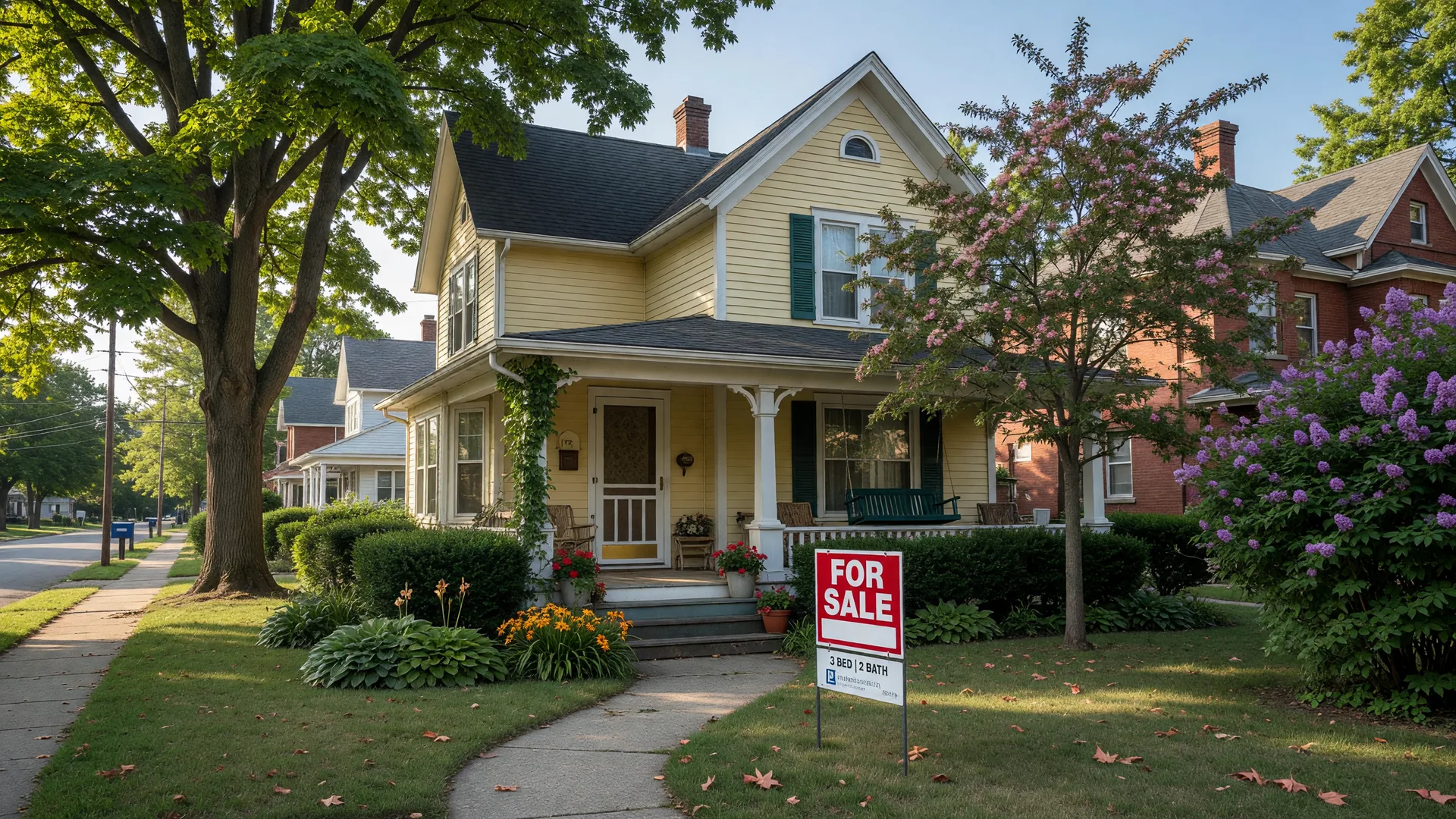 A charming older home in a Northeast Ohio neighborhood with a for sale sign in the front yard