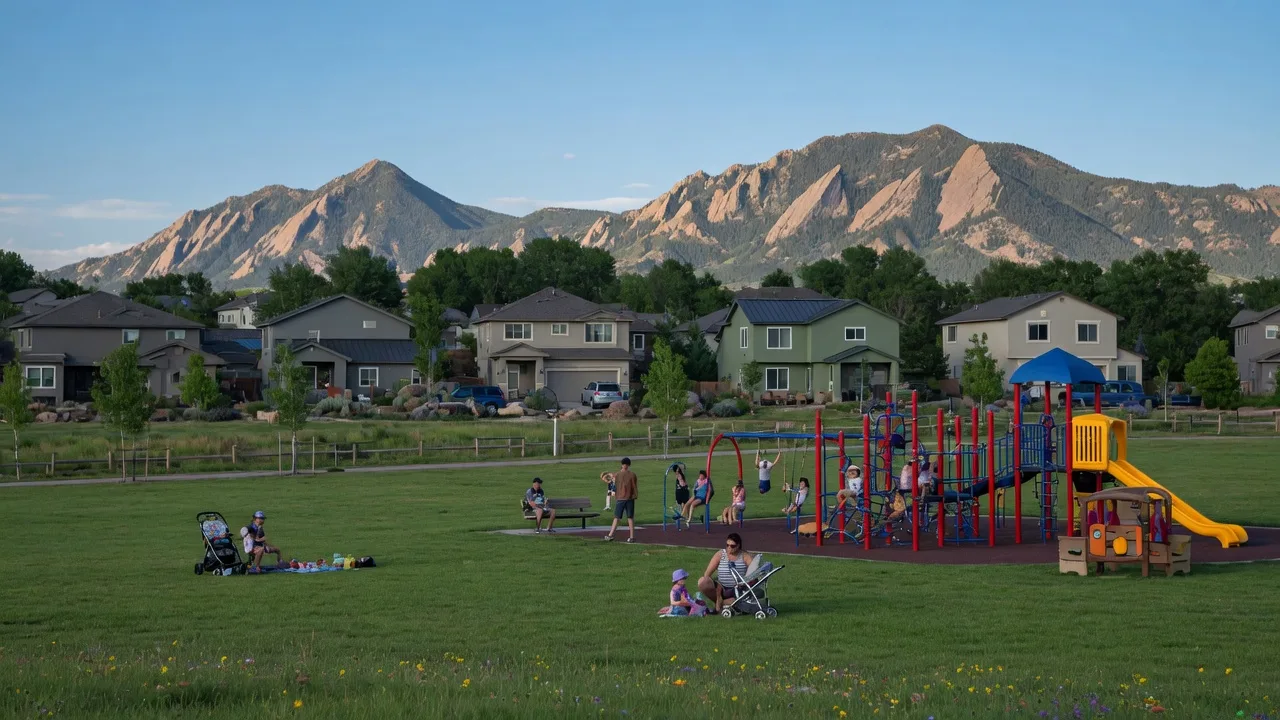 Wildflower Park in Superior Colorado with playground and Flatirons view