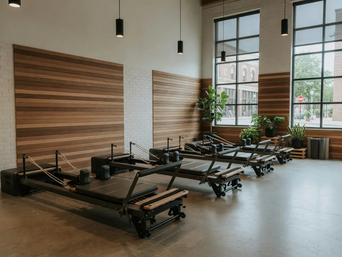 Inside Lux Lab Studios, a boutique fitness studio in downtown Auburn, with a row of reformer-style machines in a bright, modern space