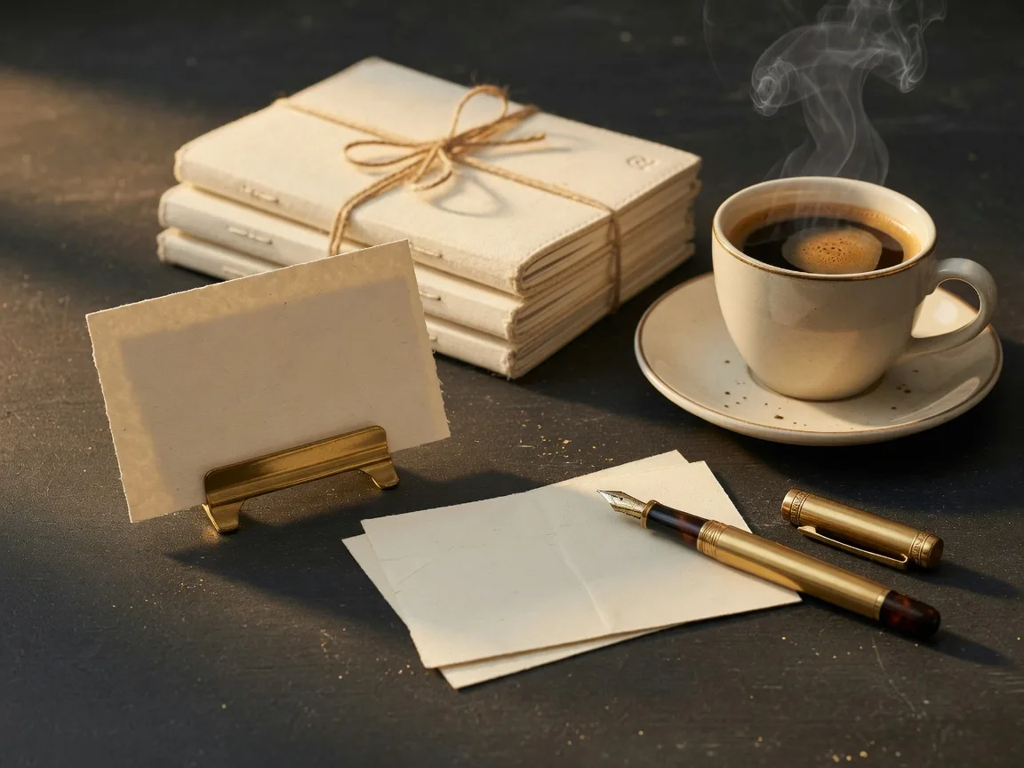 A cream index card standing upright in a brass holder beside a second index card, a gold fountain pen, tied cream notebooks, and a steaming coffee cup on a charcoal desk, the tools of the BDQ and BDC pair