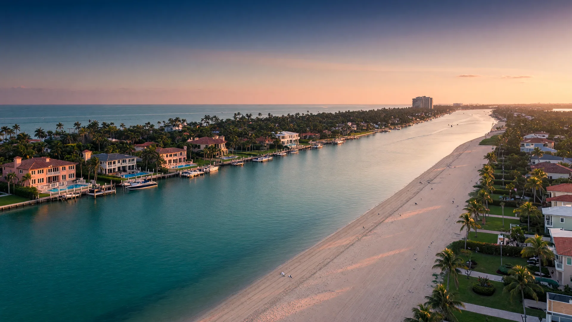 South Florida coastline at golden hour with waterfront homes along the Intracoastal