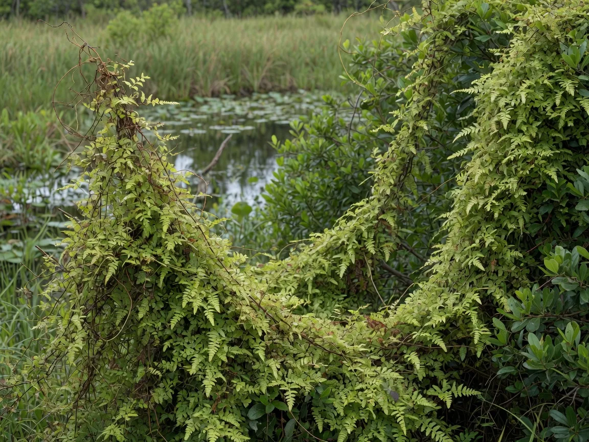 Old World climbing fern draping a dense mat of wiry fronds over shrubs