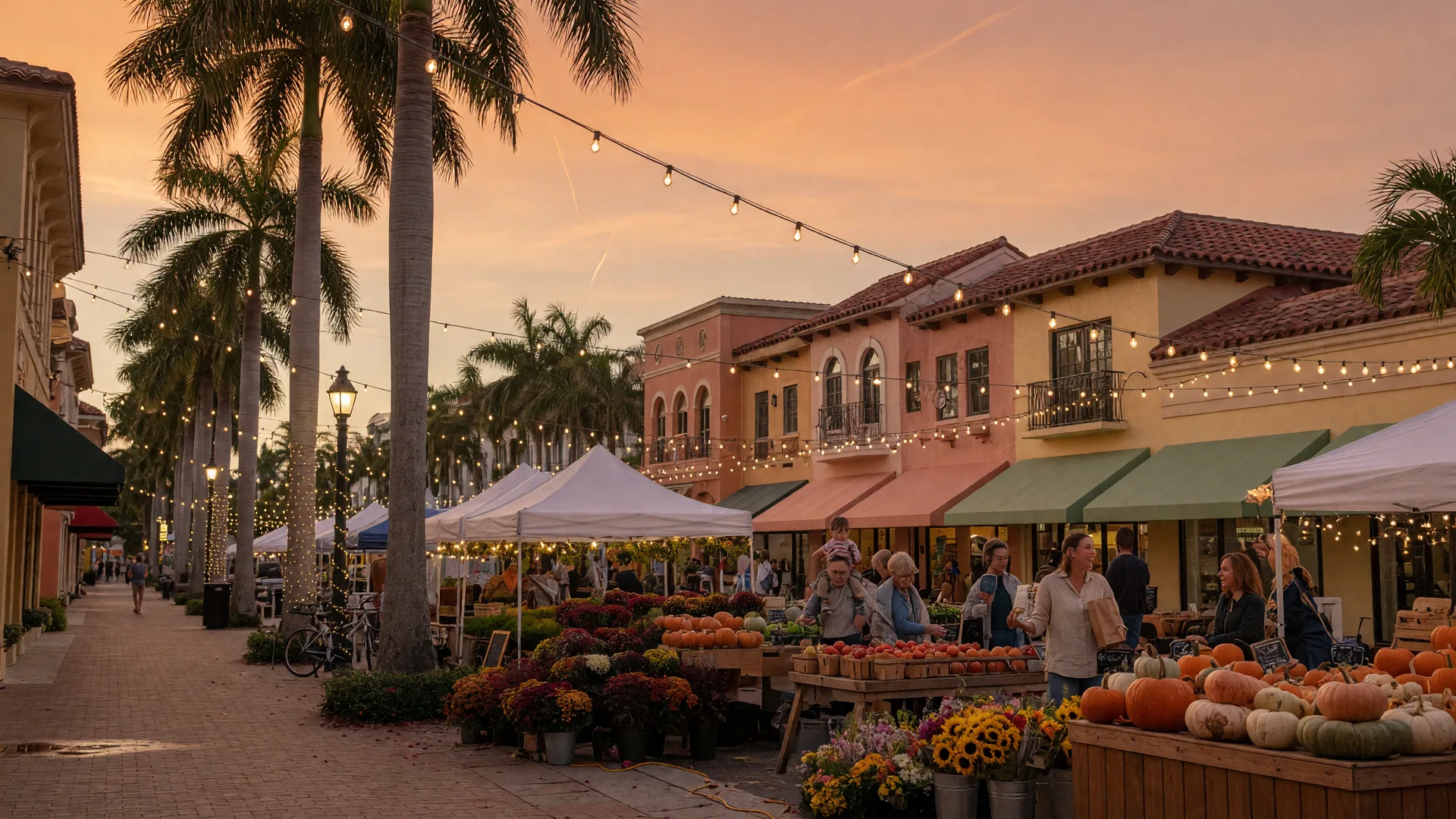 Warm late-September evening farmers market in downtown Delray Beach with string lights glowing between palm trees and Mediterranean storefronts, market stalls of produce and flowers, and pumpkins and mums accenting the walkway
