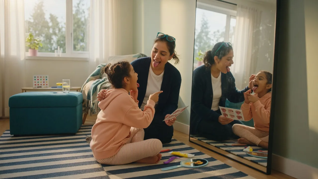 Child and adult practicing tongue exercises together in a sunlit living room, showing the therapy process after a tongue tie release