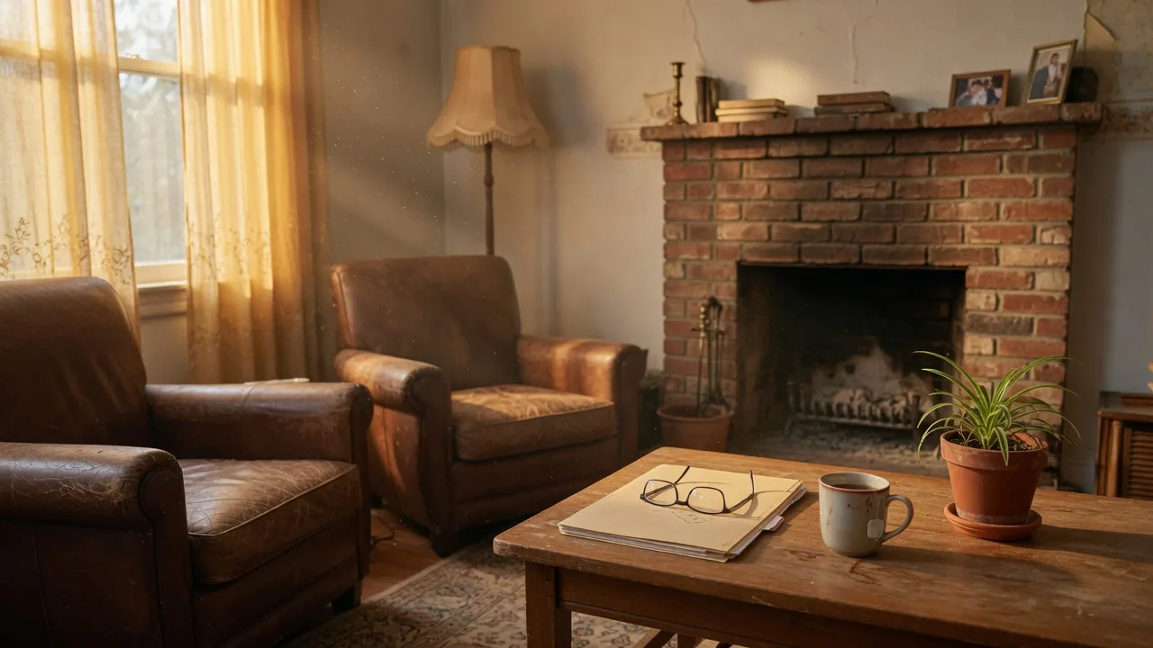 A sunlit family room with two leather armchairs by a fireplace, a coffee table holding a folder of documents, reading glasses, and a mug of tea