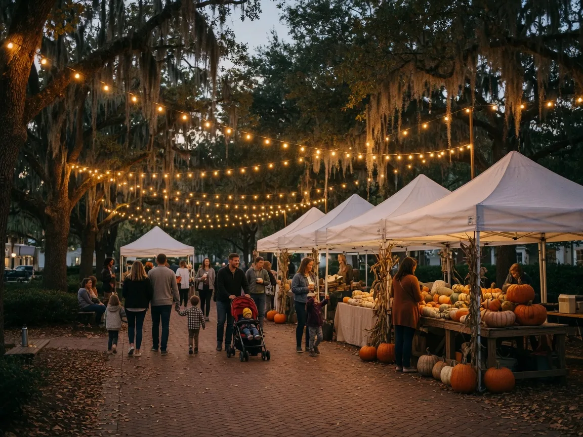 An autumn evening community gathering at a Lowcountry town square with string lights, market tents, and pumpkins in golden October light