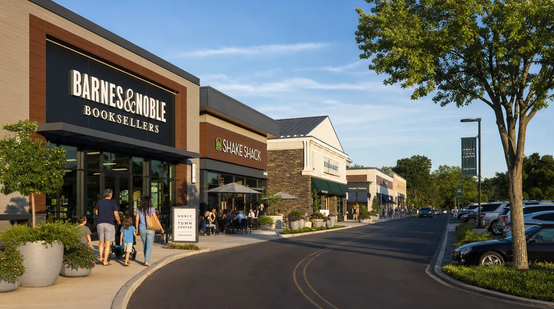 The newly renovated Noble Town Center shopping plaza in Jenkintown on a bright summer afternoon, with modern storefronts, shoppers, and shade trees