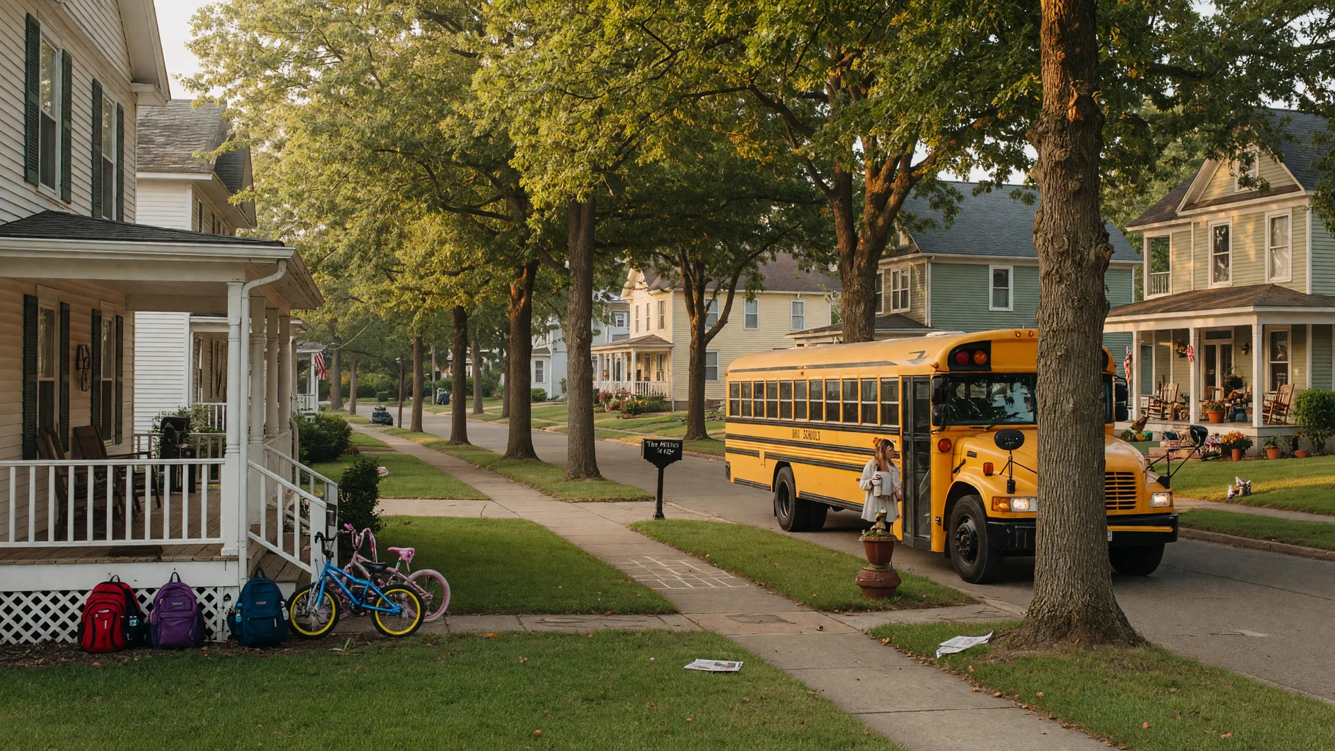 A quiet residential street in Wilmington, Ohio on a late summer morning with a yellow school bus, mature trees, and family homes