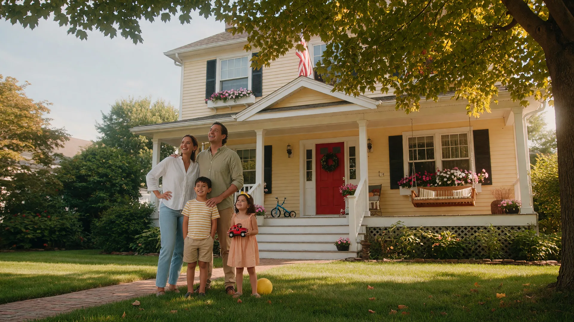 A young family standing in front of a welcoming home on a sunny summer afternoon