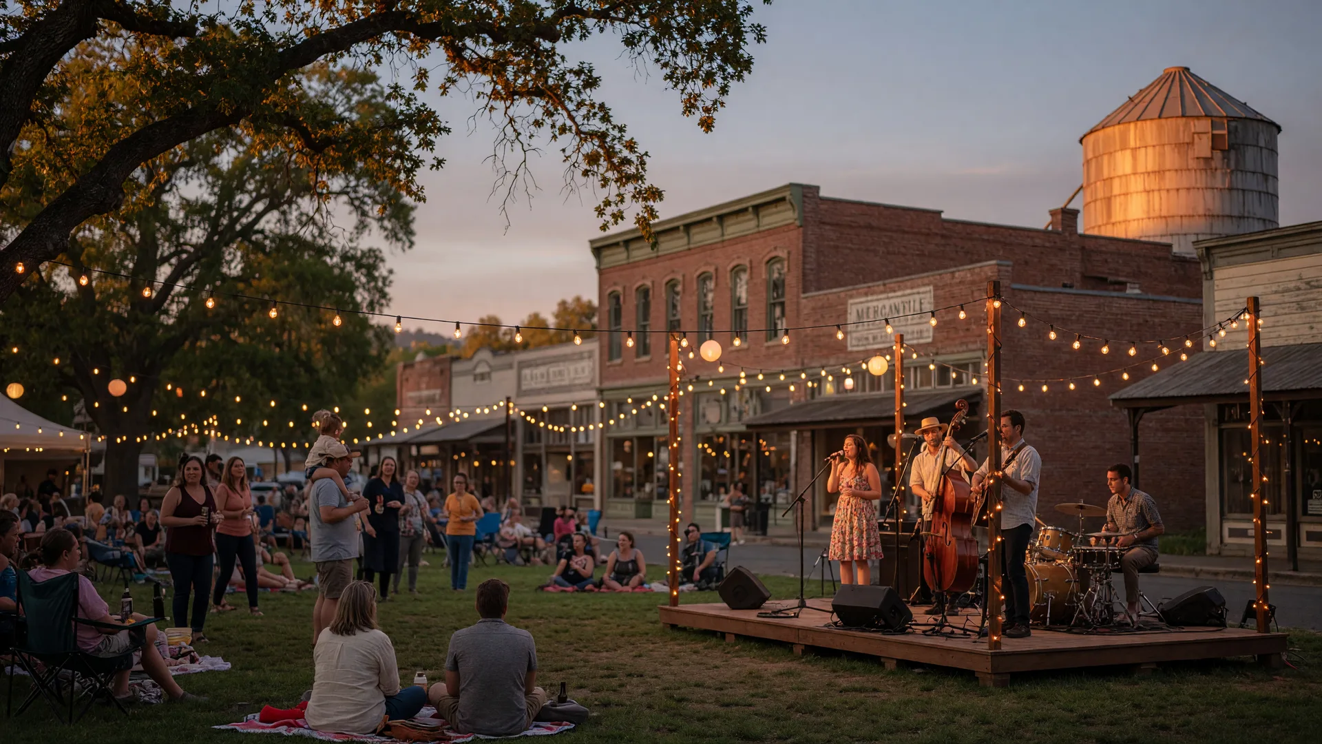 An outdoor summer live music gathering in a historic Sonoma County downtown plaza at dusk
