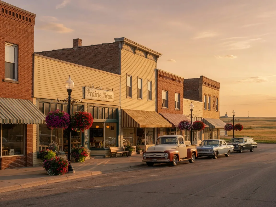 A South Dakota small-town main street at golden hour with brick storefronts