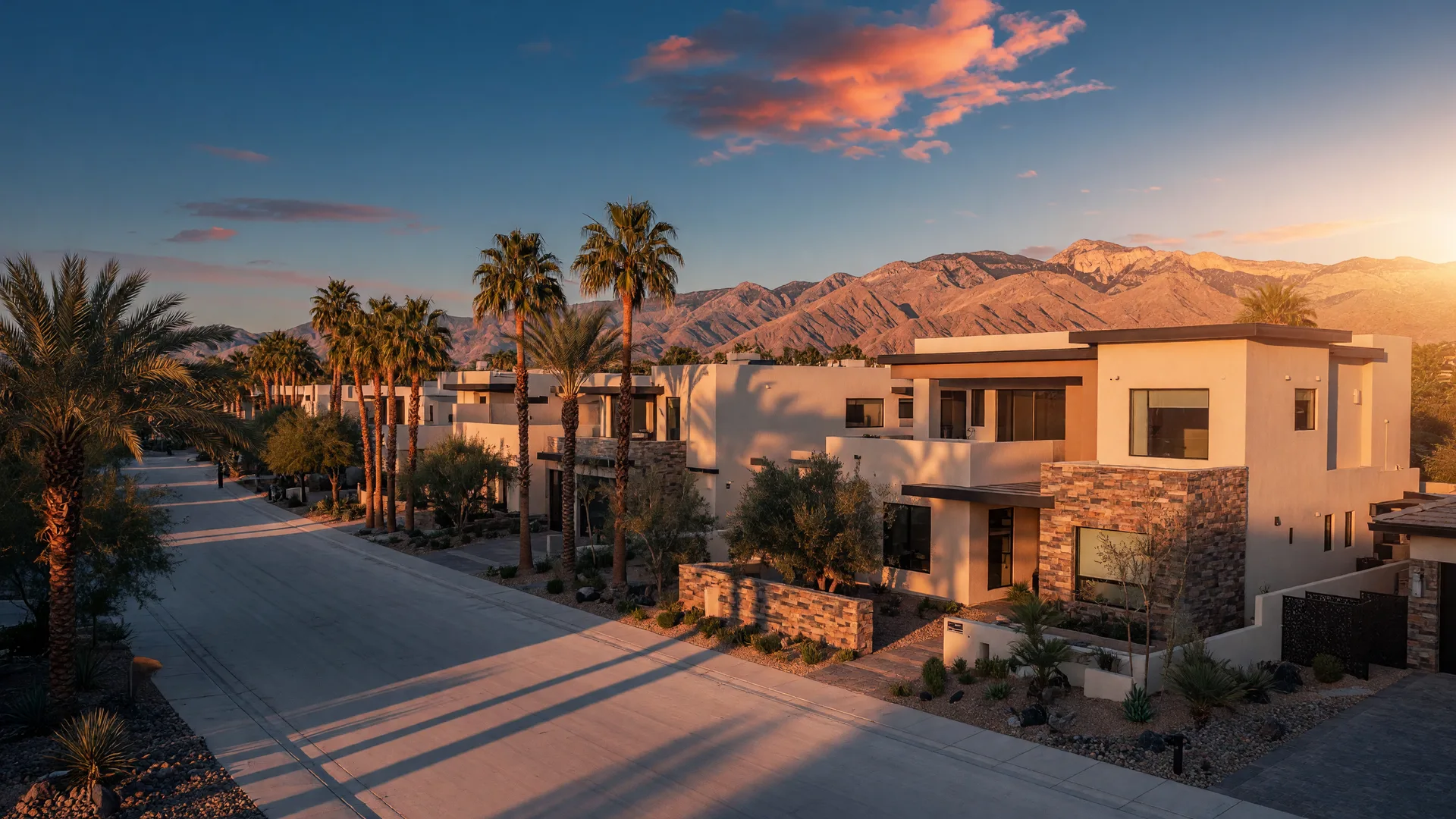 Upscale Summerlin residential street at golden hour with the Spring Mountains behind it